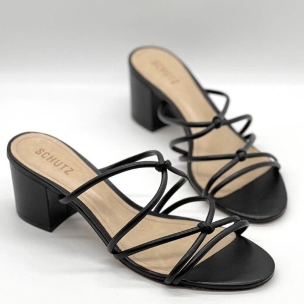 Schutz Block Heel Slide Sandals 9.5 Evening Party Formal Minimal Black Princey